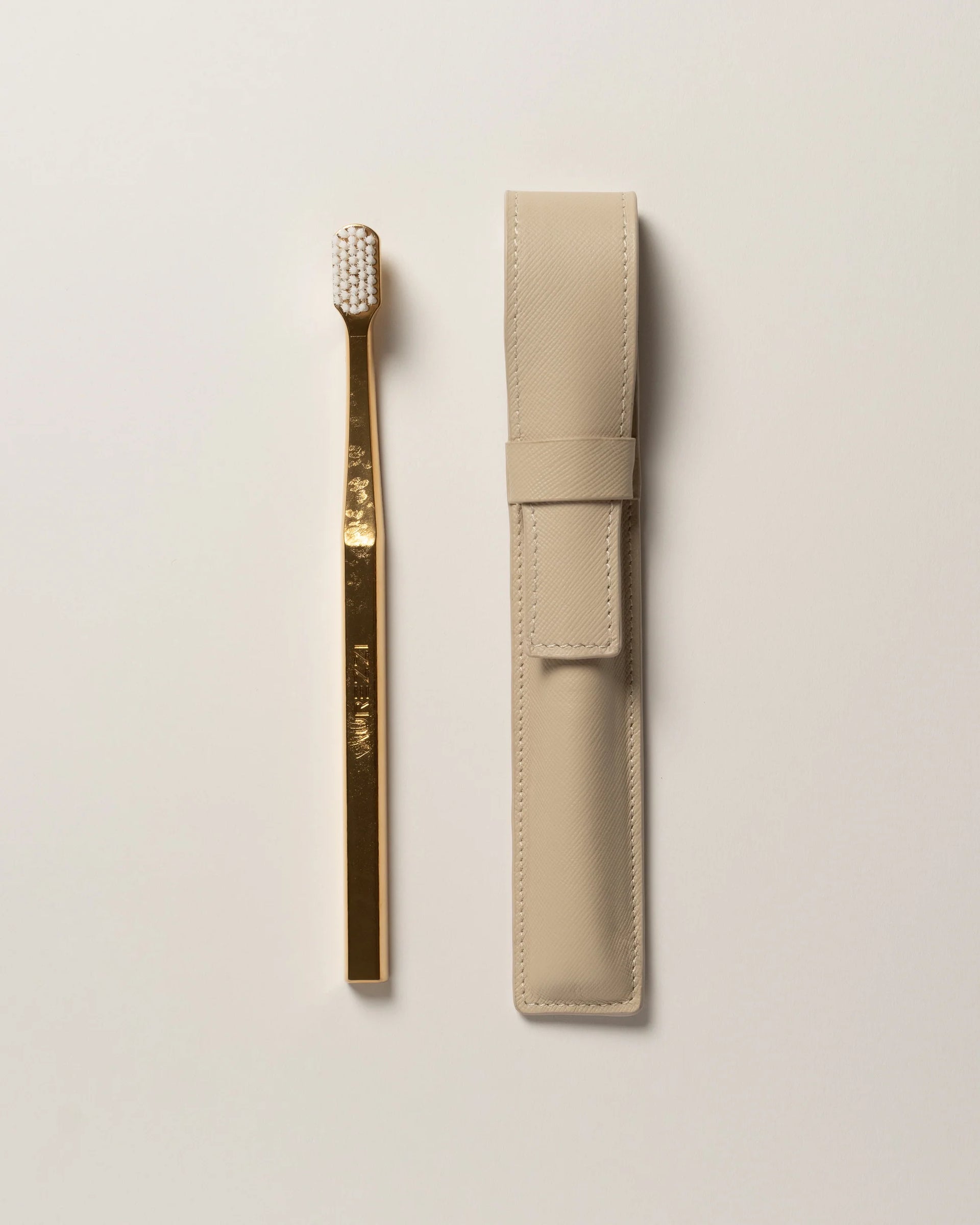 Aurezzi Saffiano Leather Case & Toothbrush - Flap/Beige & Gold/White Soft