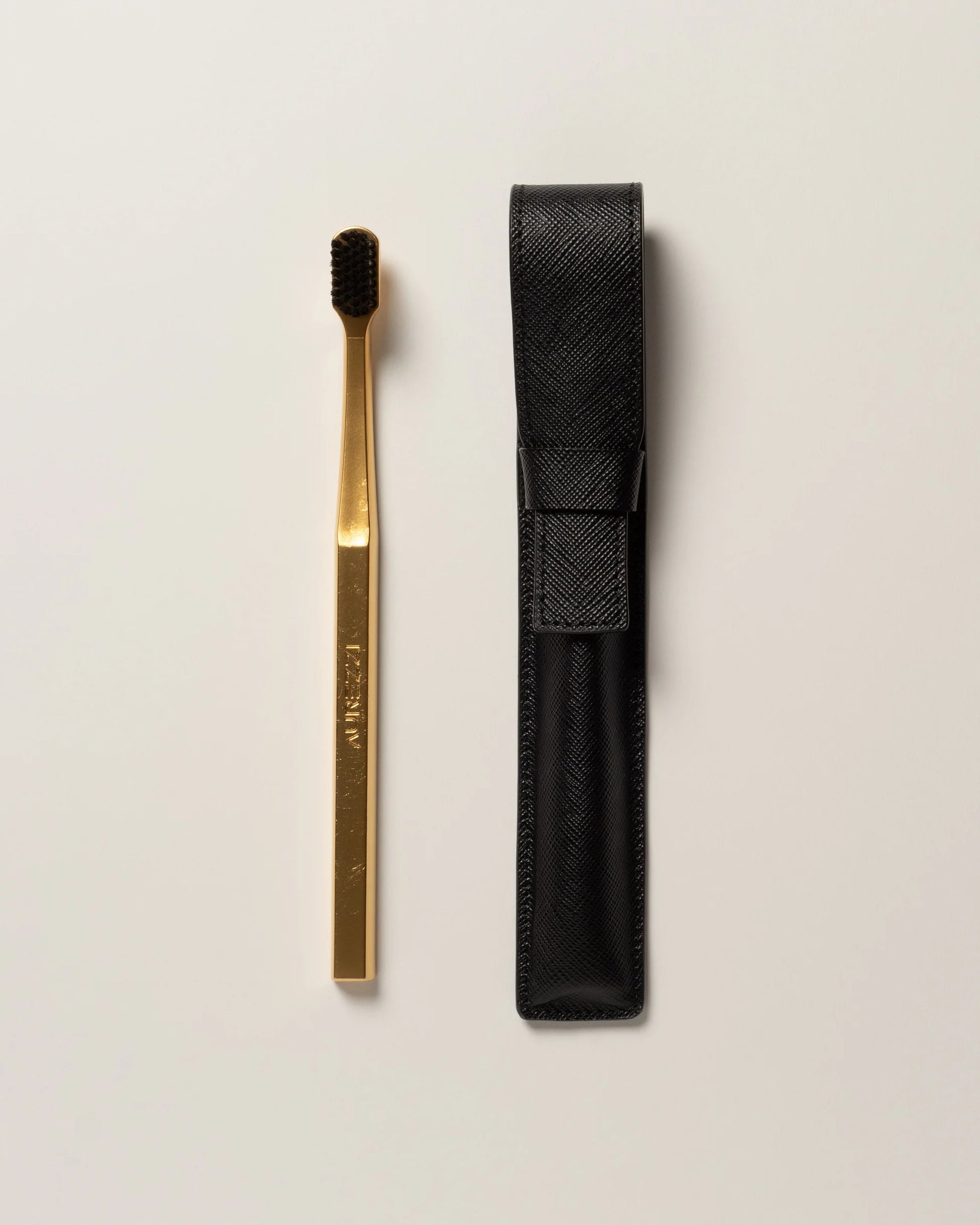 Aurezzi Saffiano Leather Case & Toothbrush - Flap/Black & Gold/Black Soft